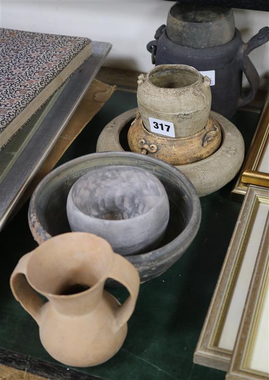 A group of Chinese cloth textured pottery vessels and other pottery, Warring States or later